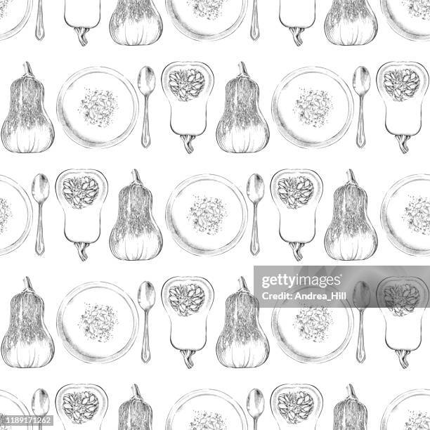 honeynut butternut squash and soup seamless pattern background. vector ink and watercolor drawing. - squash soup stock illustrations