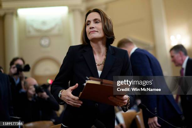Fiona Hill, the National Security Council’s former senior director for Europe and Russia departs during a break while testifying before the House...
