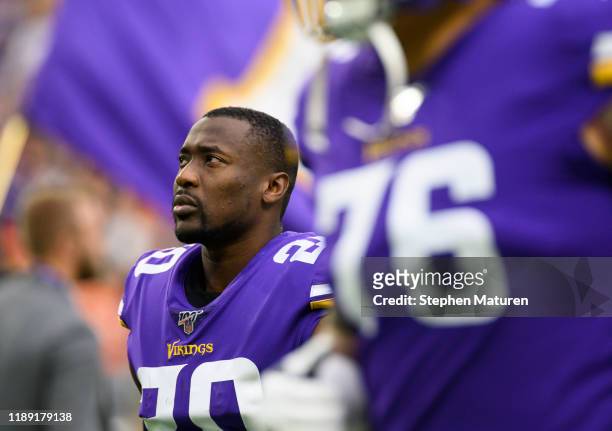 Mackensie Alexander of the Minnesota Vikings on the field during player introductions before the game against the Denver Broncos at U.S. Bank Stadium...