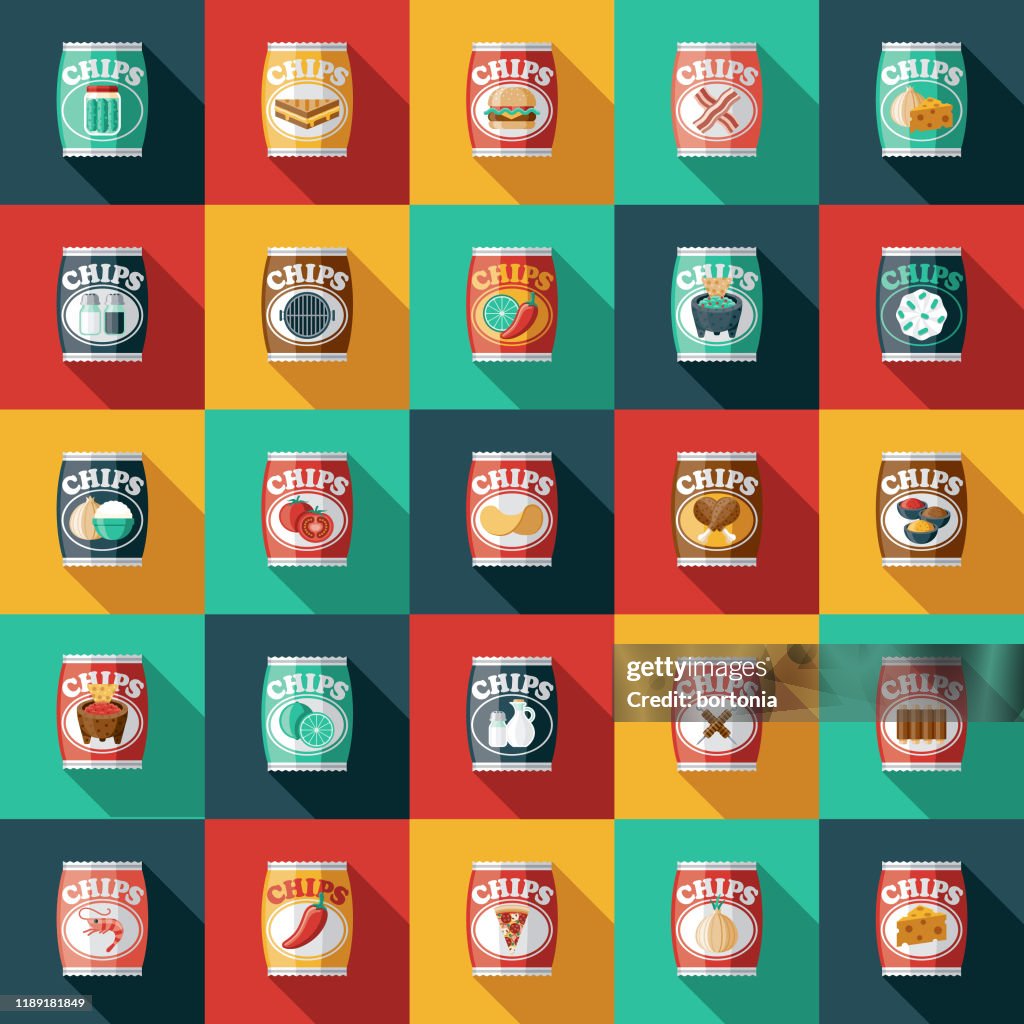 Conjunto de icono de sabores de papa chip