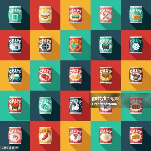 potato chip flavors icon set - chiave stock illustrations