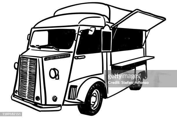 stockillustraties, clipart, cartoons en iconen met vector tekening van vintage food truck - foodtruck