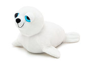 Cute seal doll with big blue eyes isolated on white background with shadow. Playful seal on white underlay. Plush stuffed puppet toy for children. Plaything for kids. Furry cute animal.
