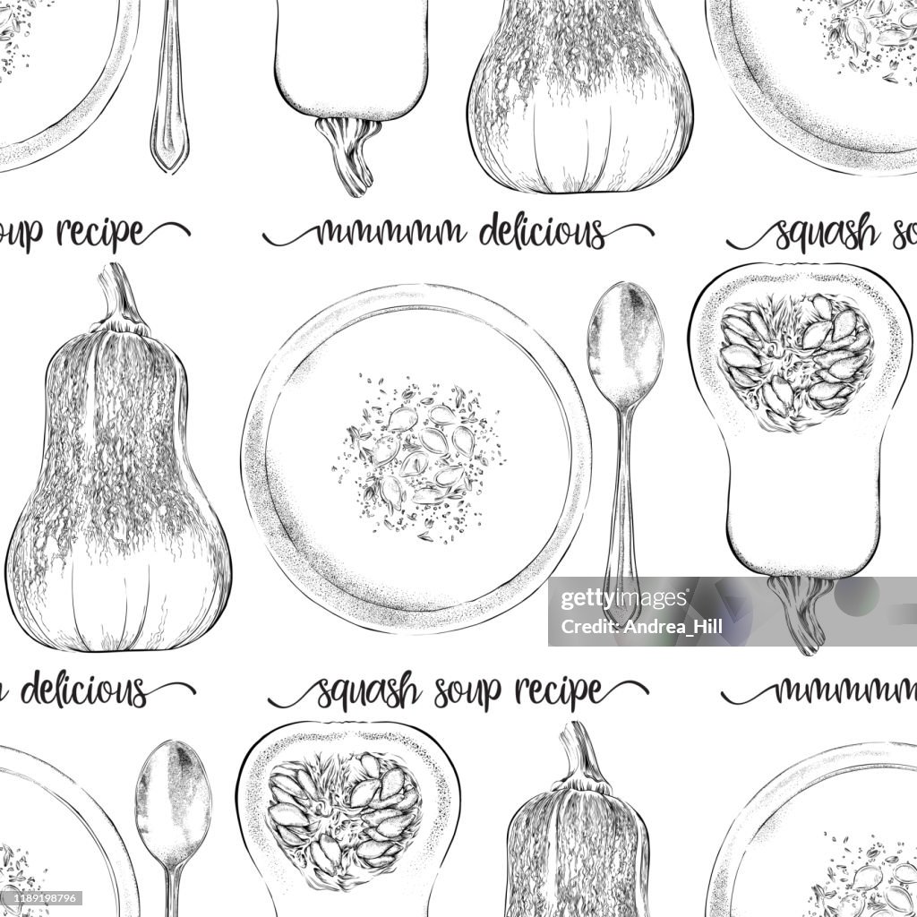 Honeynut Butternut Squash and Soup Seamless Pattern Background. Dessin à l'encre vectorielle et à l'aquarelle.