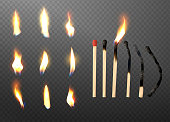 Realistic 3d match stick and different flame icon set.