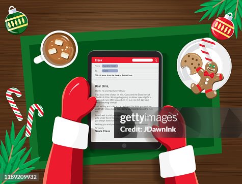 Santa Email. Animation Santa Writing A Email On A Tablet Device At A Desk With Christmas ...