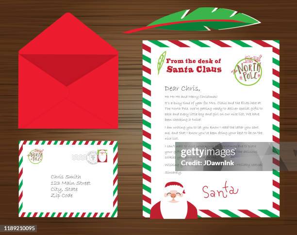 set von weihnachtsmann buchstaben, umschlag und feder stift auf holzhintergrund - briefbogen stock-grafiken, -clipart, -cartoons und -symbole