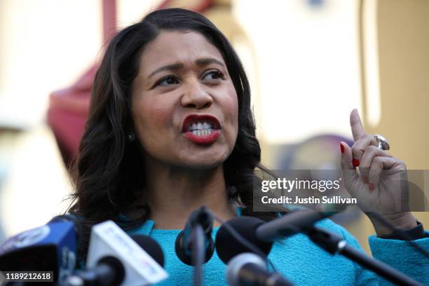 San Francisco mayor London Breed speaks during a press conference at Hamilton Families on November 21, 2019 in San Francisco, California. YouTube CEO...