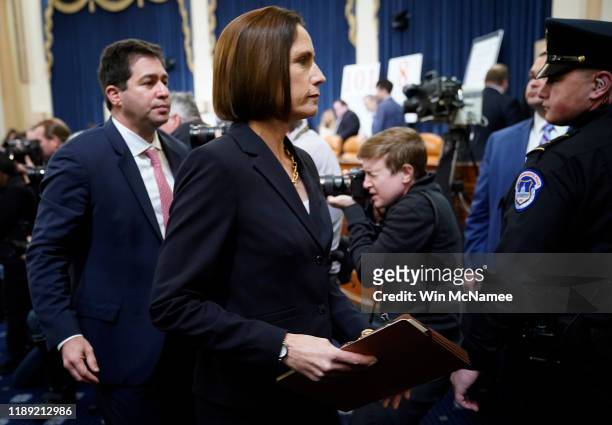Fiona Hill, the National Security Council’s former senior director for Europe and Russia, departs an impeachment hearing held by the House...