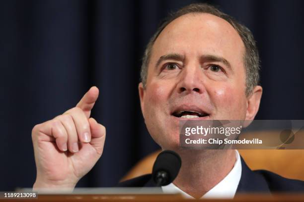 House Intelligence Committee Chairman Rep. Adam Schiff delivers closing remarks at the end of an impeachment inquiry hearing in the Longworth House...