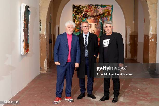 Director Pedro Almodovar, Spanish Culture minister Jose Guirao and painter Jorge Galindo attends 'Flores. Pedro Almodóvar y Jorge Galindo' exhibition...