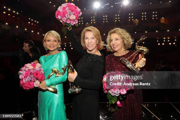 Uschi Glas, Gaby Dohm and Michaela May pose with their awards during the 71st Bambi Awards show at Festspielhaus Baden-Baden on November 21, 2019 in...