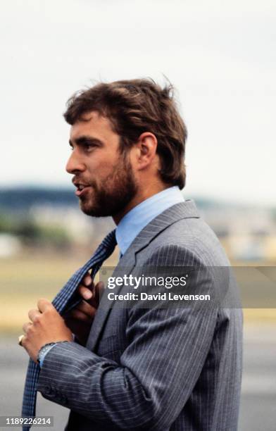 Prince Andrew visits the British Airways Helicopters Ltd base in Aberdeen, Scotland, on August 16, 1983.