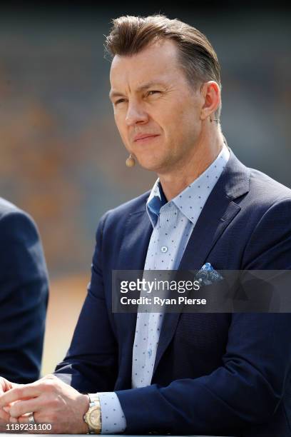 Former Australian Cricketer Brett Lee commentates for Fox Cricket during day two of the 1st Domain Test between Australia and Pakistan at The Gabba...