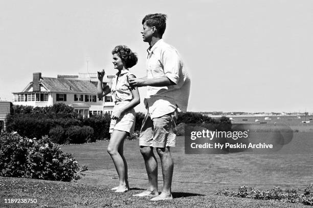 Senator John F. Kennedy and fiance Jacqueline Bouvier on vacation at the Kennedy compound in June, 1953 in Hyannis Port, Massachusetts.