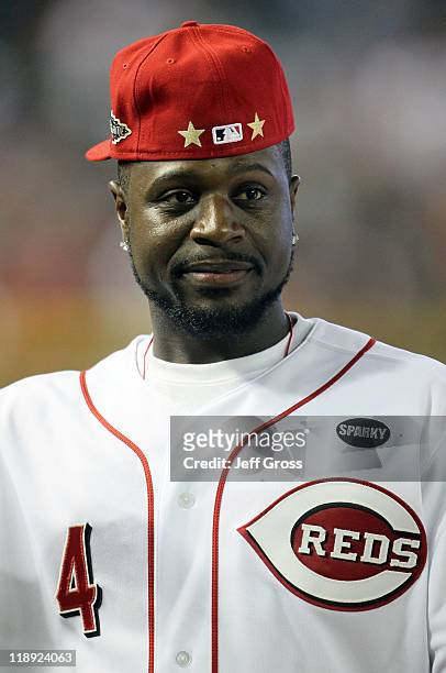 National League All-Star Brandon Phillips of the Cincinnati Reds looks on during batting practice before the start of the 82nd MLB All-Star Game at...