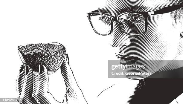 woman lab technician analyzing cbd oil hemp seeds - 30 year old pretty woman stock illustrations