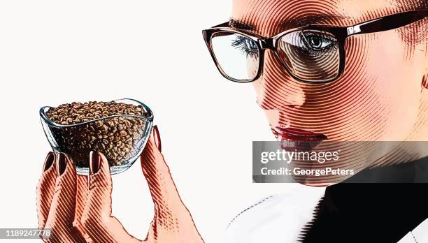 woman lab technician analyzing cbd oil hemp seeds - cannabis oil stock illustrations