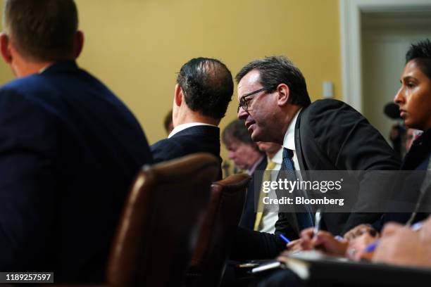 Barry Berke, Democratic counsel with the Judiciary Committee, speaks to Representative Jamie Raskin, a Democrat from Maryland, left, during a House...