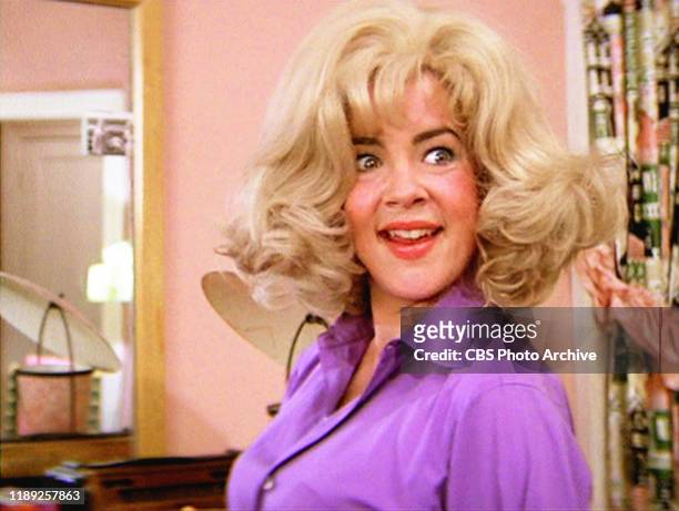 The movie "Grease", directed by Randal Kleiser. Seen here during slumber party, Stockard Channing as Rizzo wearing a loose blond wig, singing "Look...