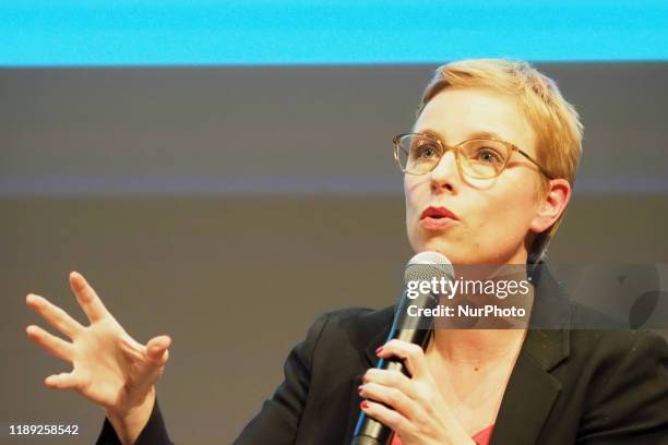 Member of Parliament Clementine Autain speaks during the Meeting : Women and Pensions - Women protest against the new french project of law for...