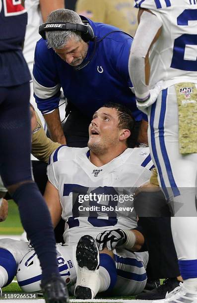 Center Ryan Kelly of the Indianapolis Colts sits on the field during the game against the Houston Texans at NRG Stadium on November 21, 2019 in...