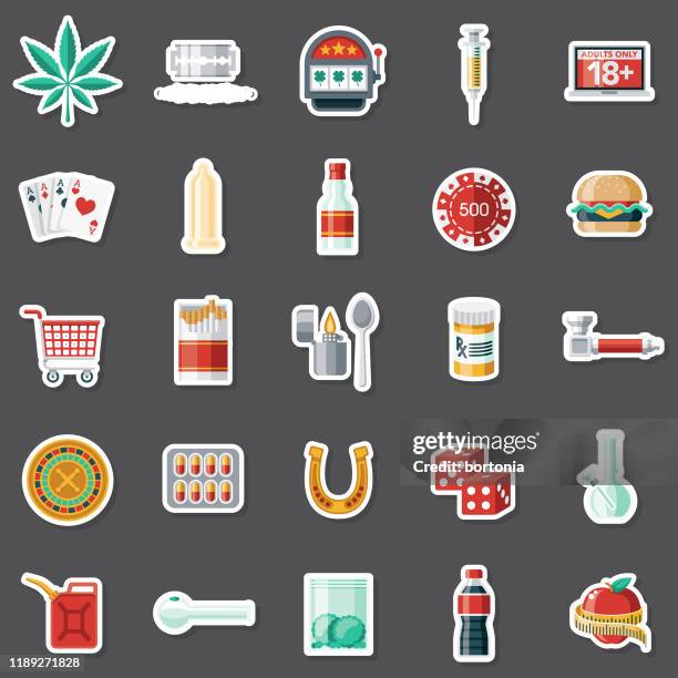 sucht-aufkleber-set - crack pipe stock-grafiken, -clipart, -cartoons und -symbole