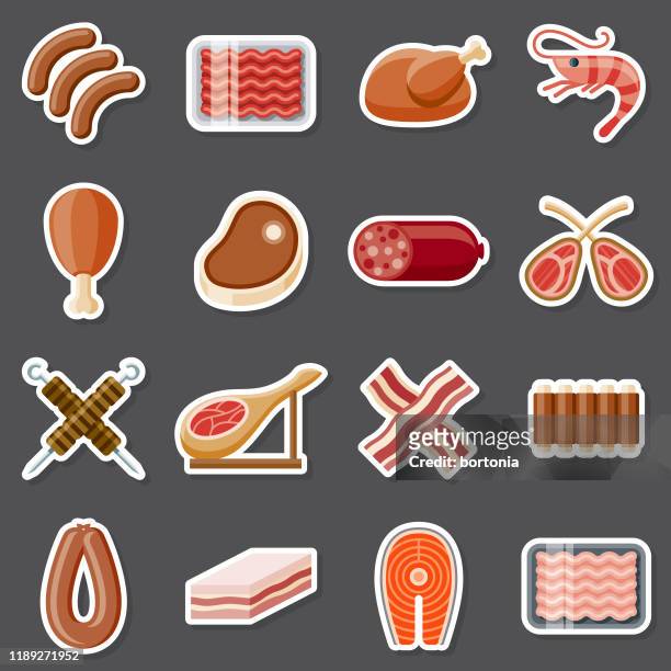 fleisch-aufkleber-set - bratwurst stock-grafiken, -clipart, -cartoons und -symbole
