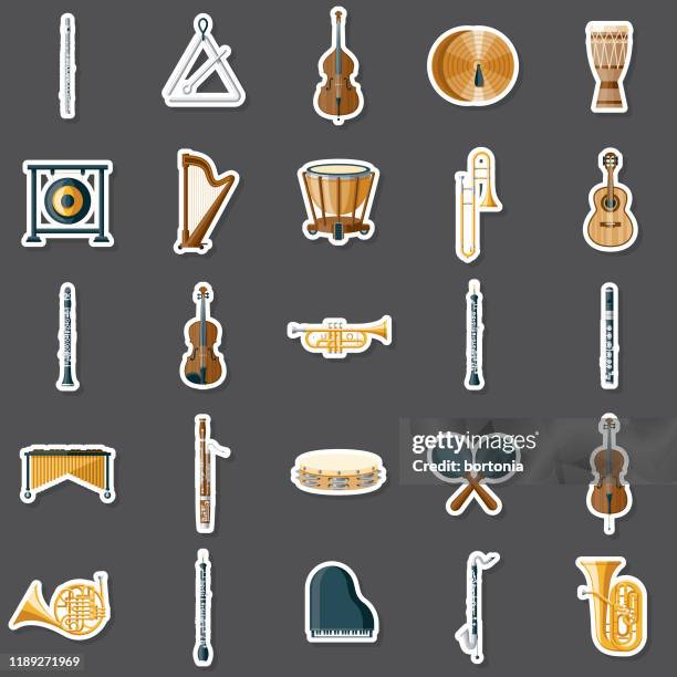 ilustraciones, imágenes clip art, dibujos animados e iconos de stock de conjunto de pegatinas de instrumentos musicales - marimba