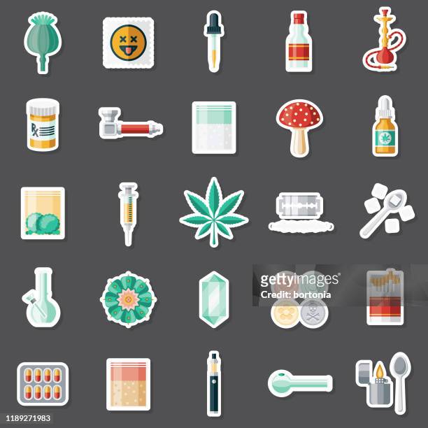 stockillustraties, clipart, cartoons en iconen met recreatieve drugs sticker set - pijp rookwaren