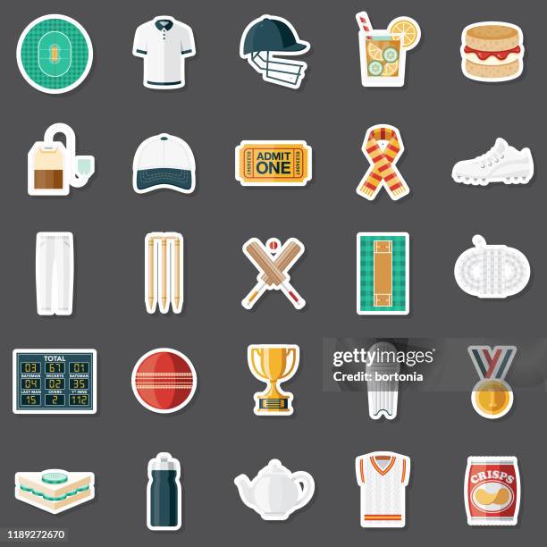 stockillustraties, clipart, cartoons en iconen met cricket sticker set - afternoon tea