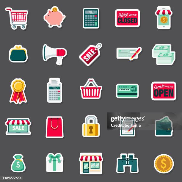 ilustraciones, imágenes clip art, dibujos animados e iconos de stock de conjunto de pegatinas de comercio electrónico - compras