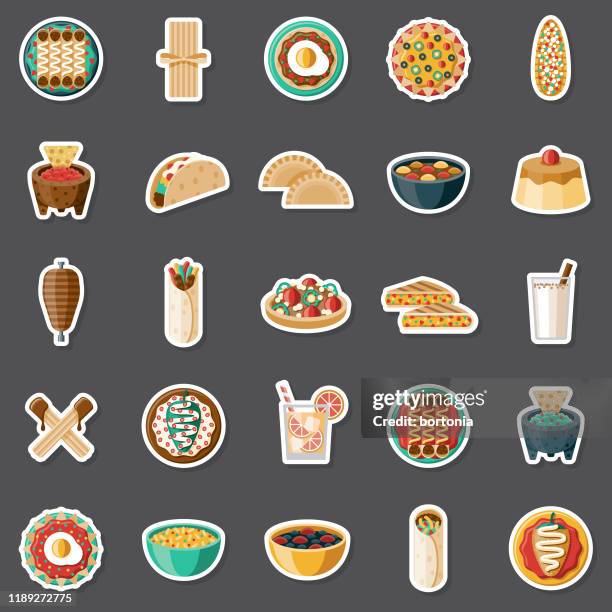 mexican food sticker set - taco stuffed peppers stock illustrations