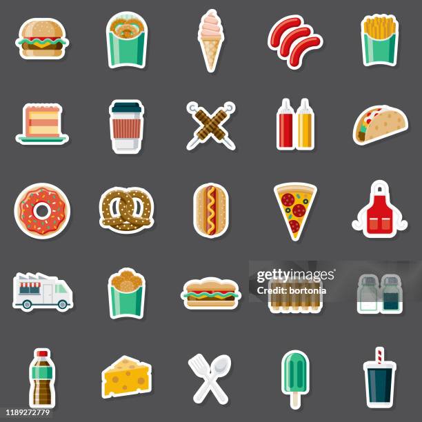 ilustraciones, imágenes clip art, dibujos animados e iconos de stock de street food sticker set - comida rapida