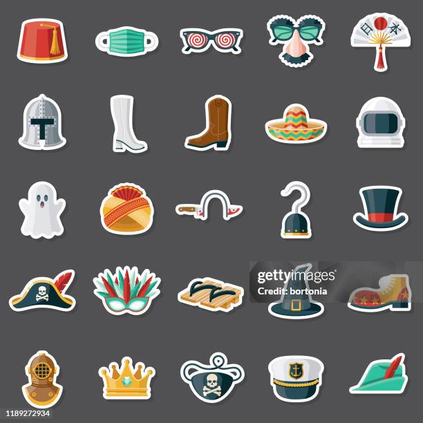 ilustraciones, imágenes clip art, dibujos animados e iconos de stock de conjunto de pegatinas de trajes de halloween - sombrero