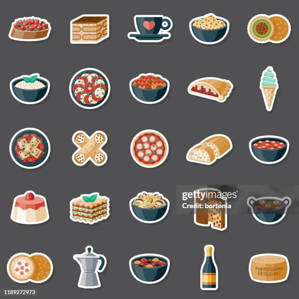 italian food sticker set - spaghetti carbonara stock illustrations