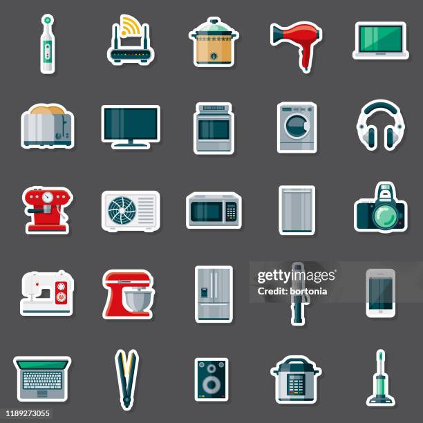 ilustraciones, imágenes clip art, dibujos animados e iconos de stock de conjunto de pegatinas de electrodomésticos - cafetera exprés