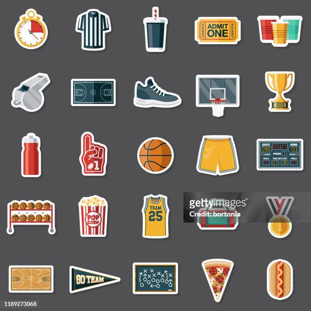 illustrazioni stock, clip art, cartoni animati e icone di tendenza di set di adesivi da basket - basket icon