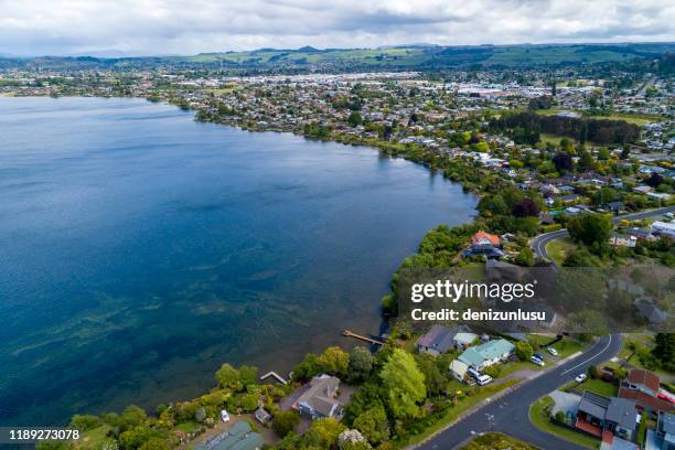 rotorua aerial view - new zealand city stock pictures, royalty-free photos & images