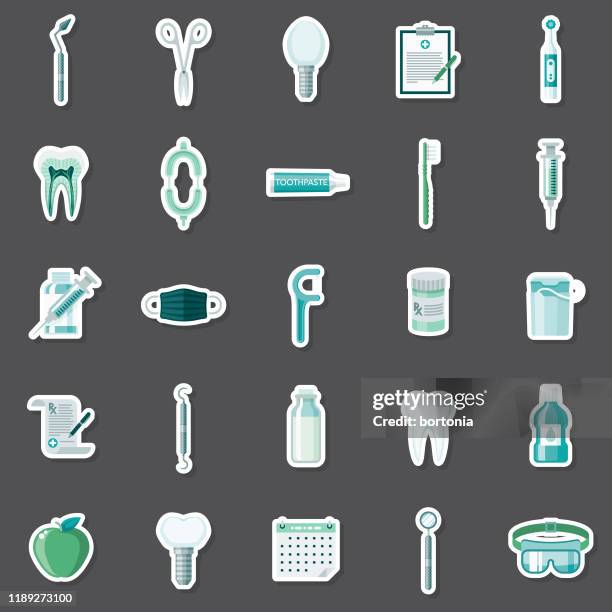 dentist sticker set - brushing teeth in mirror stock illustrations