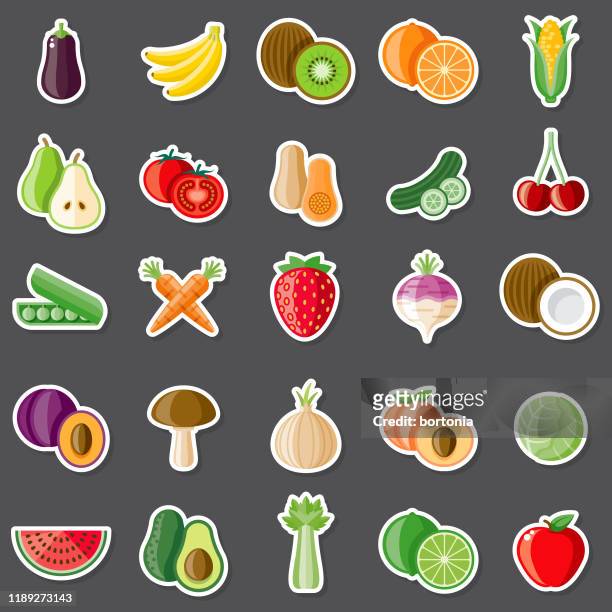 ilustraciones, imágenes clip art, dibujos animados e iconos de stock de juego de pegatinas de alimentos crudos - cruciferae