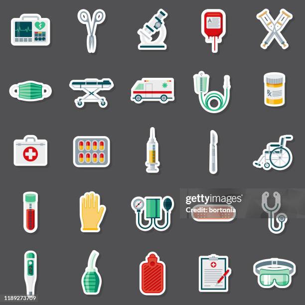 medical supples sticker set - stethoscope pills stock illustrations