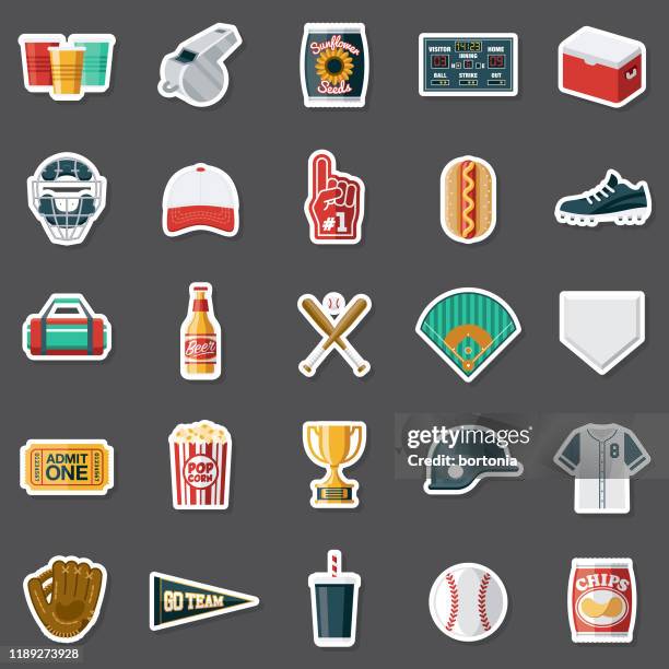 ilustraciones, imágenes clip art, dibujos animados e iconos de stock de juego de pegatinas de béisbol - patatas fritas de churrería