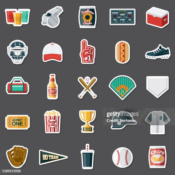 ilustrações de stock, clip art, desenhos animados e ícones de baseball sticker set - luva de beisebol