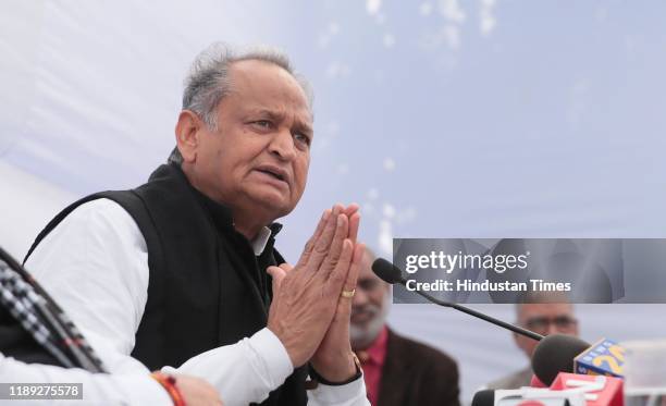 Rajasthan Chief Minister Ashok Gehlot at a press conference on the occasion of completion of one year of congress lead state government, at CM...