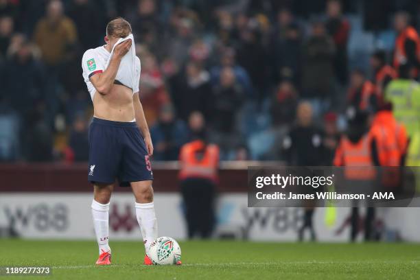 Herbie Kane of Liverpool dejected after Jonathan Kodjia of Aston Villa scores a goal to make it 4-0 during the Carabao Cup Quarter Final match...