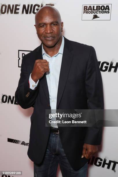 Evander Holyfield attends Premiere Of "One Night: Joshua Vs. Ruiz" at Writers Guild Theater on November 21, 2019 in Beverly Hills, California.