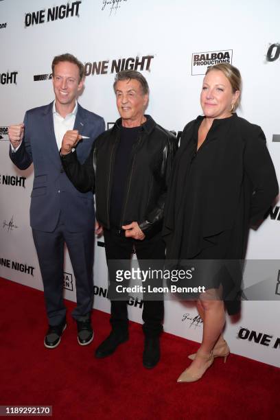 Jamie Horowitz, Sylvester Stallone and Deirdre Fenton attend Premiere Of "One Night: Joshua Vs. Ruiz" at Writers Guild Theater on November 21, 2019...