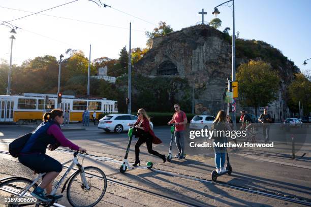 General view of tourists on electric scooters on October 15, 2019 in Budapest, Hungary.