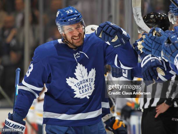 Frederik Gauthier of the Toronto Maple Leafs celebrates a goal against the Buffalo Sabres during an NHL game at Scotiabank Arena on December 17, 2019...